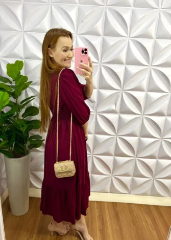 Vestido Viscolinho Mídi Com Manga 7/8 Samira - Cereja - Milla Chic