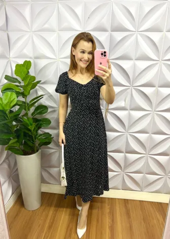 Vestido Viscolinho Mídi Estampado Elisa - Poá - Milla Chic