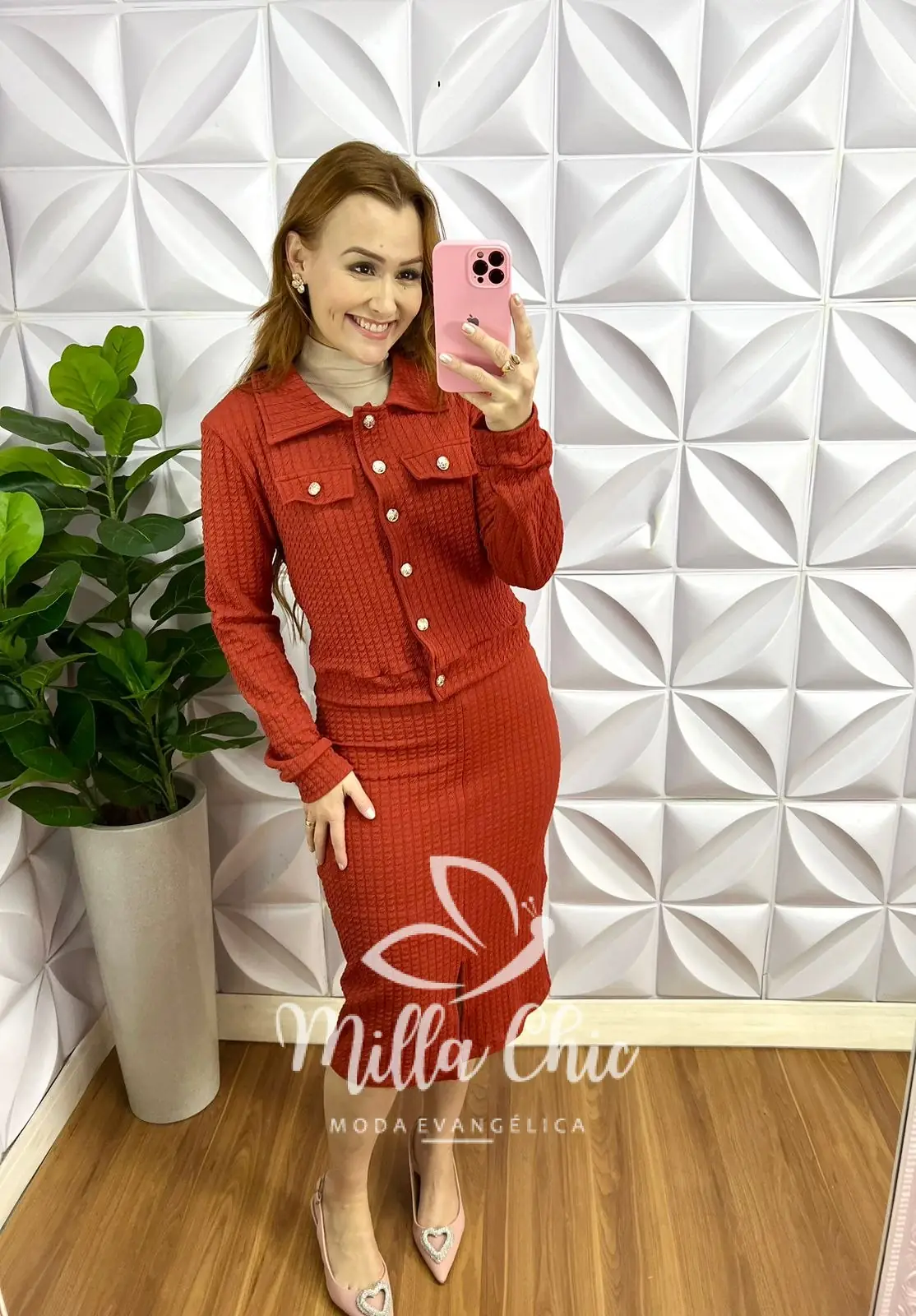 Conjunto Crepe Burble Casaco e Saia Mídi Elie – Terra Cota – Milla Chic Conjunto Crepe Burble Casaco e Saia Mídi Elie - Terra Cota - Milla Chic