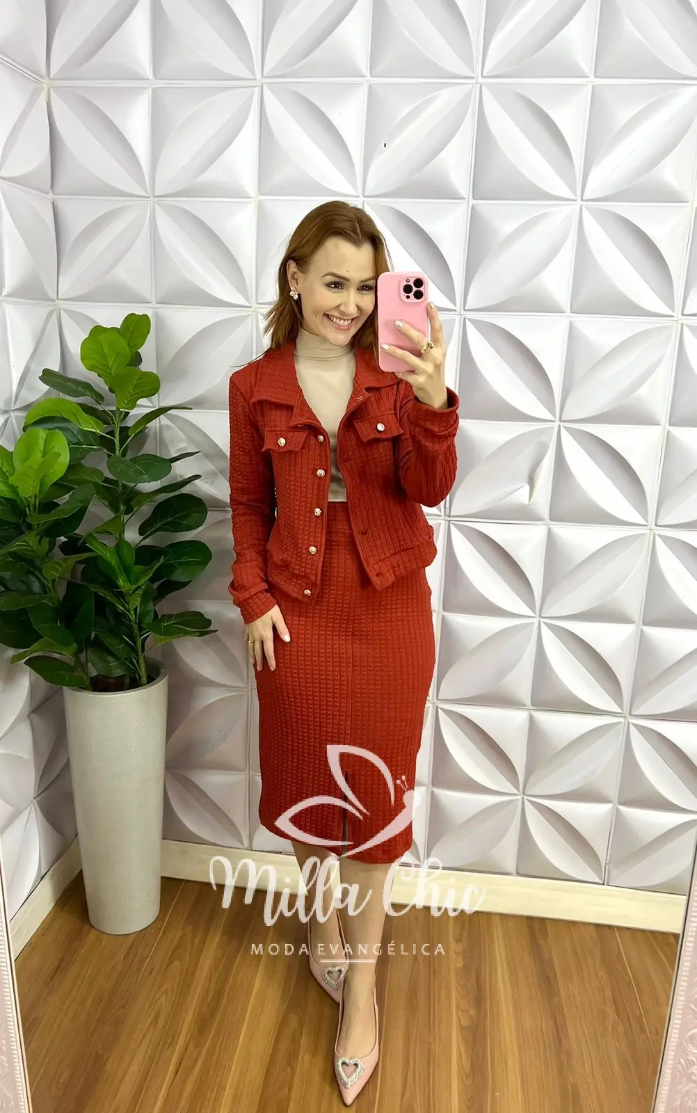 Conjunto Crepe Burble Casaco e Saia Mídi Elie – Terra Cota – Milla Chic Conjunto Crepe Burble Casaco e Saia Mídi Elie - Terra Cota - Milla Chic