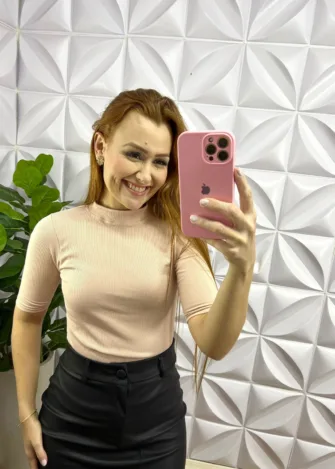 Blusa Canelada Com Manga 3/4 Gola Alta Paty - Areia - Milla Chic