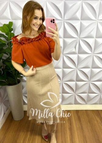 Blusa Crepinho Com Trabalhado de Flor Loren - Terra Cota - Milla Chic
