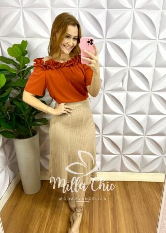 Blusa Crepinho Com Trabalhado de Flor Loren - Terra Cota - Milla Chic