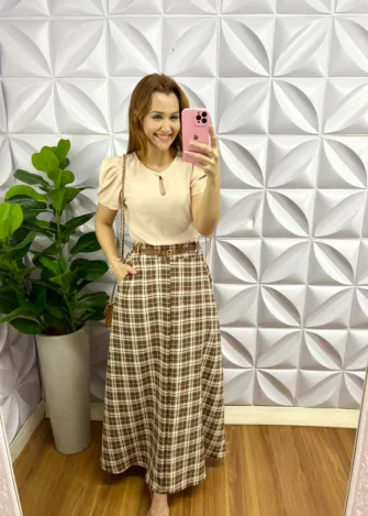 Blusa Dunna Decote Gota Com Botão Manga Princesa Gabriely - Areia - Milla Chic