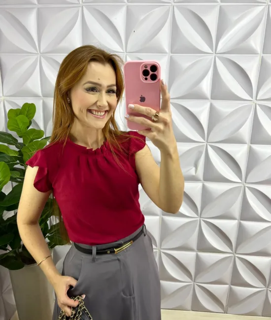 Blusa Dunna Gola Drapeada Manga Babadinho Olivia - Cereja - Milla Chic