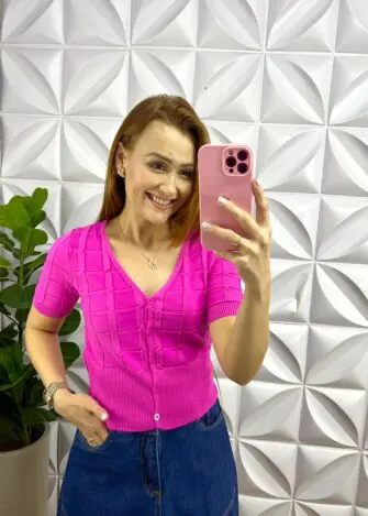 Blusa Tricot Modal Com Botão Antonela - Pink - Milla Chic