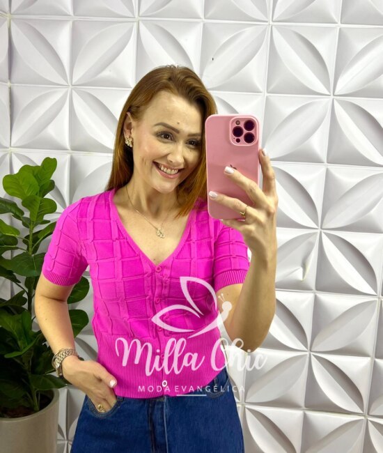 Blusa Tricot Modal Com Botão Antonela - Pink - Milla Chic