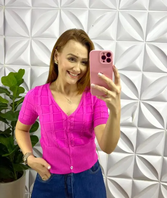 Blusa Tricot Modal Com Botão Antonela - Pink - Milla Chic