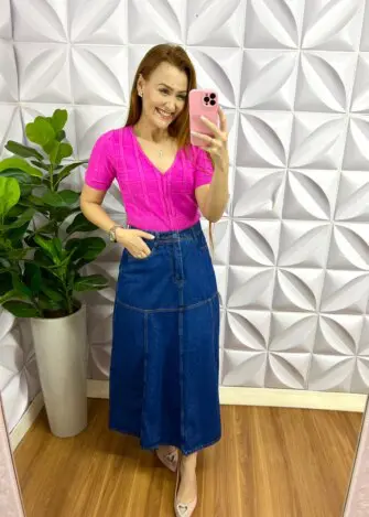 Blusa Tricot Modal Com Botão Antonela - Pink - Milla Chic