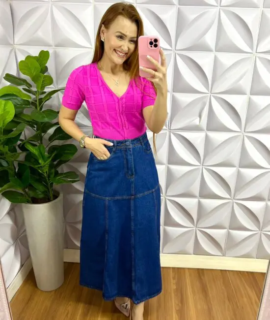 Blusa Tricot Modal Com Botão Antonela - Pink - Milla Chic
