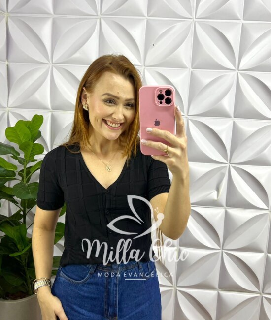 Blusa Tricot Modal Com Botão Antonela - Preta - Milla Chic