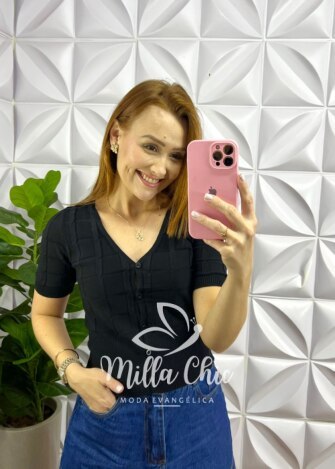 Blusa Tricot Modal Com Botão Antonela - Preta - Milla Chic