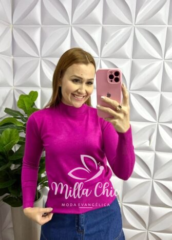 Blusa Tricot Modal Gola Alta Com Elástico Manga Longa Saray - Roxa - Milla Chic