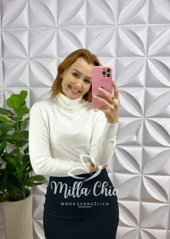 Blusa Tricot Modal Gola Alta Manga Longa Eloá - Branca - Milla Chic