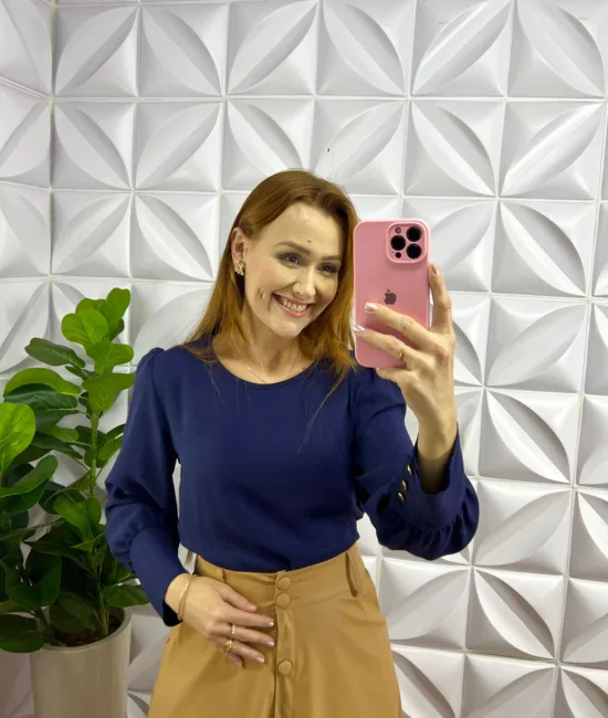 Camisa Dunna Manga Longa Botão Dourado No Punho Karen - Azul - Milla Chic