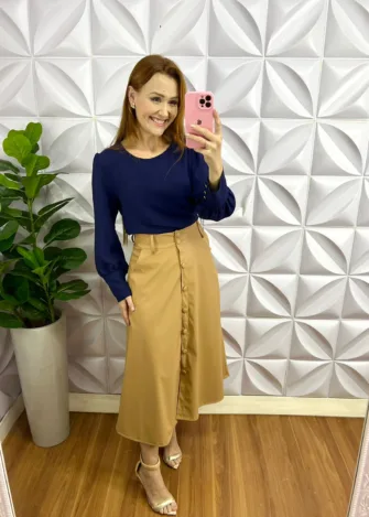 Camisa Dunna Manga Longa Botão Dourado No Punho Karen - Azul - Milla Chic