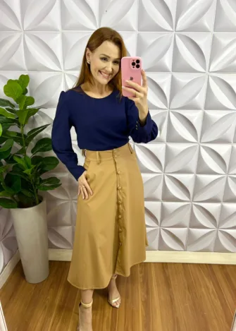 Camisa Dunna Manga Longa Botão Dourado No Punho Karen - Azul - Milla Chic