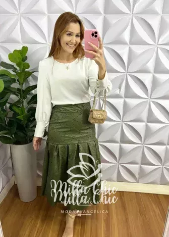 Camisa Dunna Manga Longa Botão Dourado No Punho Karen - Gelo - Milla Chic