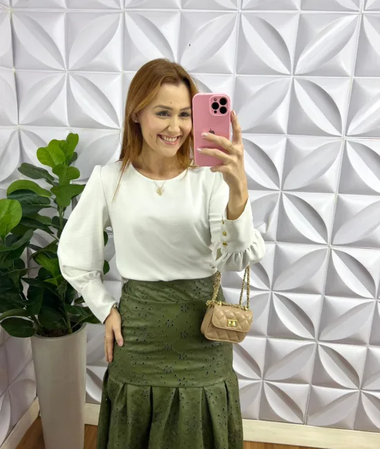 Camisa Dunna Manga Longa Botão Dourado No Punho Karen - Gelo - Milla Chic