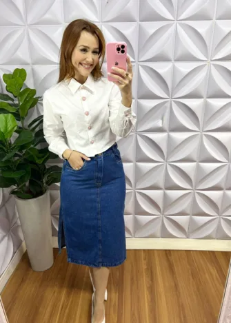 Camisa Tricoline Com Botões De Coração Tatiane - Branca - Milla Chic