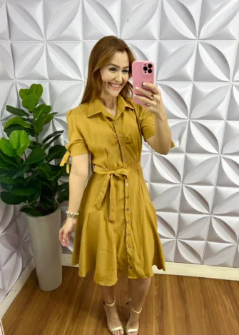 Chemise Linhocel Com Camisolinha e Cinto Faixa Caroline -  Mostarda - Milla Chic