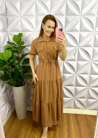 Chemise Dunna Longo Botão Encapado Joana - Marrom - Milla Chic