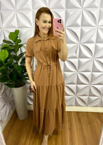 Chemise Dunna Longo Botão Encapado Joana - Marrom - Milla Chic