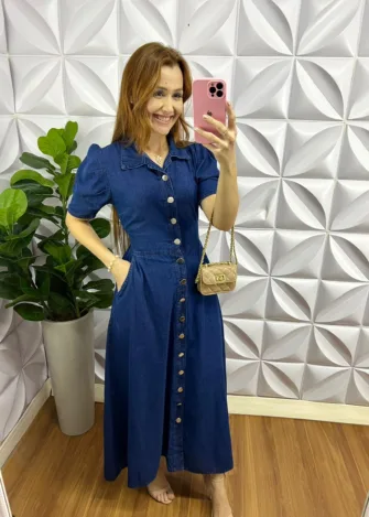 Chemise Jeans Longo Botões Dourados Claudenir - Azul - Milla Chic