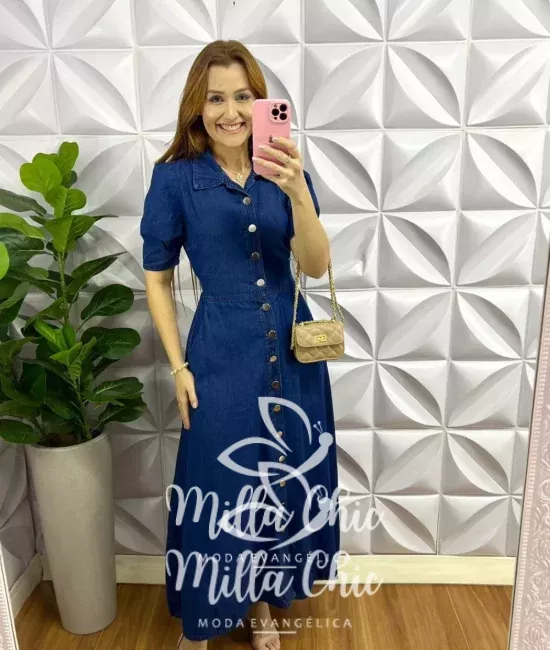 Chemise Jeans Longo Botões Dourados Claudenir - Azul - Milla Chic