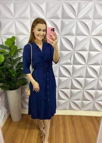 Chemise Viscolinho Mídi Regulagem Na Cintura Mirela - Azul - Milla Chic