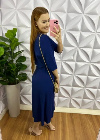 Chemise Viscolinho Mídi Regulagem Na Cintura Mirela - Azul - Milla Chic