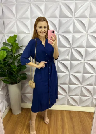 Chemise Viscolinho Mídi Regulagem Na Cintura Mirela - Azul - Milla Chic