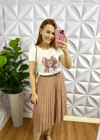 Conjunto Com Saia Plissada e Tshirt Deisiele - Laço - Milla Chic