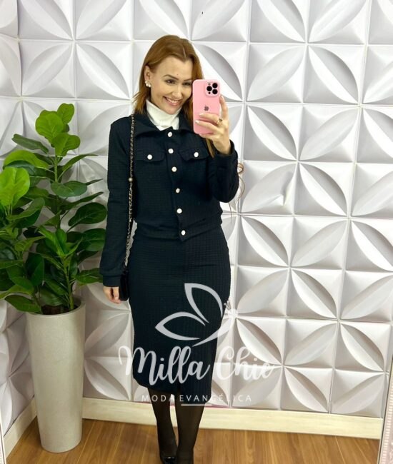 Conjunto Crepe Burble Casaco e Saia Mídi Elie - Preto - Milla Chic