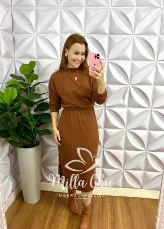 Conjunto Lãzinha Manga Longa Saia Mídi Maya - Caramelo - Milla Chic