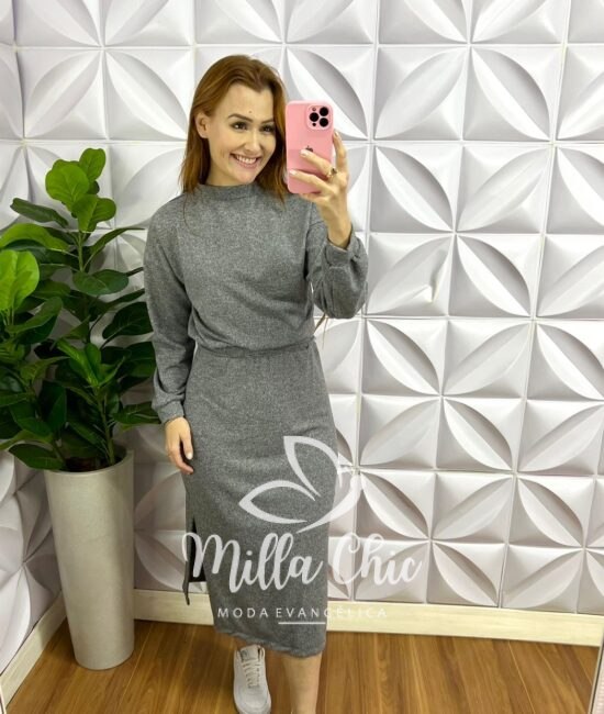 Conjunto Lãzinha Manga Longa Saia Mídi Maya - Cinza - Milla Chic