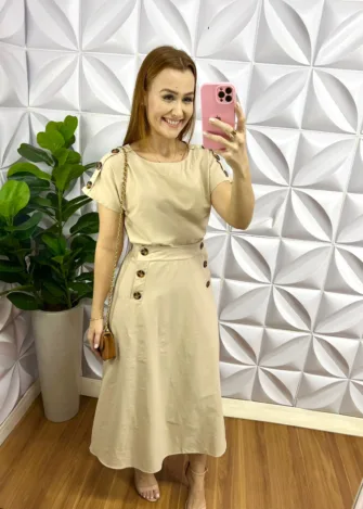Conjunto Linho Com Elastano Mídi Com Botão Tartaruga Teresa - Areia - Milla Chic