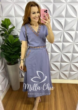 Conjunto Linho Com Detalhe Em Viés Mídi kelita - Azul Acinzentado - Milla Chic