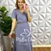 Conjunto Linho Com Detalhe Em Viés Mídi kelita - Azul Acinzentado - Milla Chic