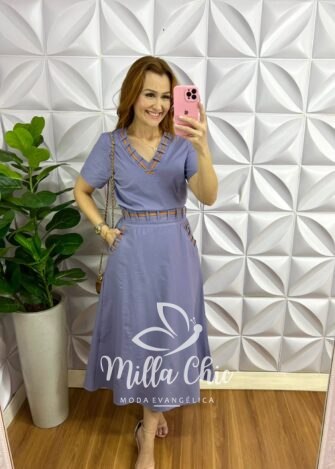 Conjunto Linho Com Detalhe Em Viés Mídi kelita - Azul Acinzentado - Milla Chic