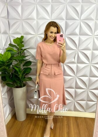Conjunto Linhocel Mídi Com Bolso Luara - Rosa - Milla Chic