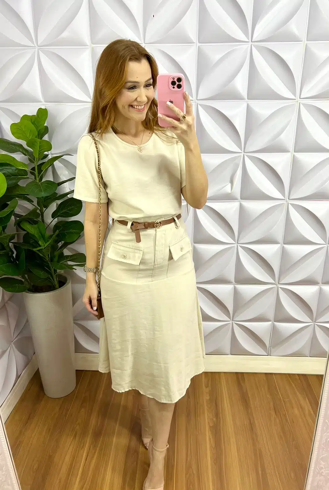 Conjunto Linhocel Mídi Com Bolso Luara - Areia - Milla Chic