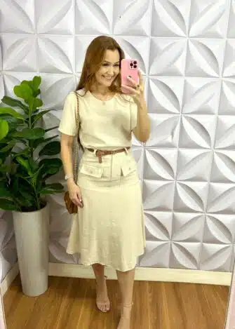 Conjunto Linhocel Mídi Com Bolso Luara - Areia - Milla Chic