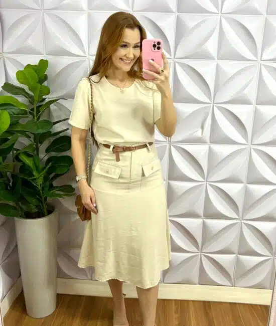 Conjunto Linhocel Mídi Com Bolso Luara - Areia - Milla Chic