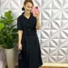 Conjunto No Crepe Linho Mídi Com Botões Metalizados Cassiane - Preto - Milla Chic