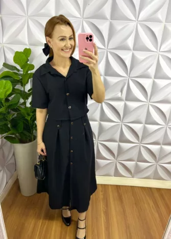 Conjunto No Crepe Linho Mídi Com Botões Metalizados Cassiane - Preto - Milla Chic