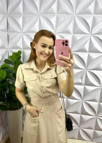 Conjunto No Linhocel Mídi Com Botões Dourado Maria Isabel - Areia - Milla Chic