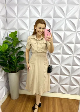 Conjunto No Linhocel Mídi Com Botões Dourado Maria Isabel - Areia - Milla Chic