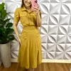 Conjunto No Linhocel Mídi Com Botões Dourado Maria Isabel - Mostarda - Milla Chic