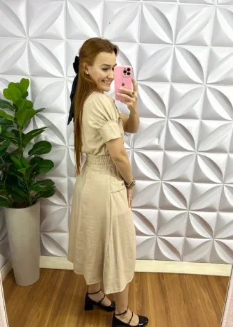 Conjunto No Linhocel Mídi Com Botões Dourado Maria Isabel - Areia - Milla Chic